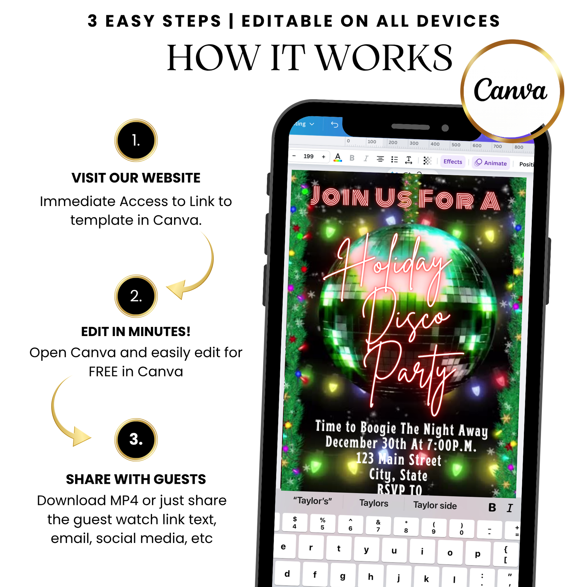 Festive disco ball dance video invitation template