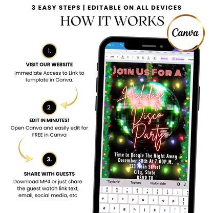 Festive disco ball dance video invitation template