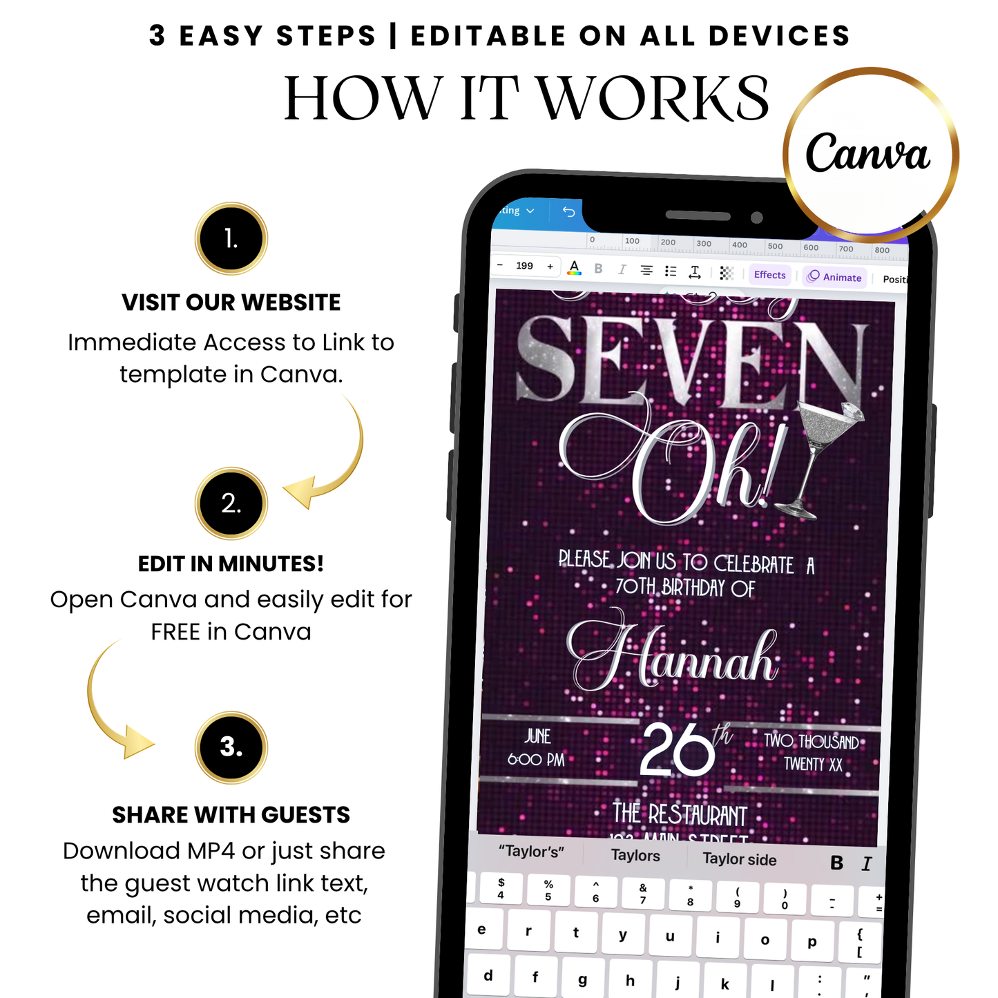 Glamorous 70th Birthday Video Invitation – Pink Sparkle & Silver Theme with Music