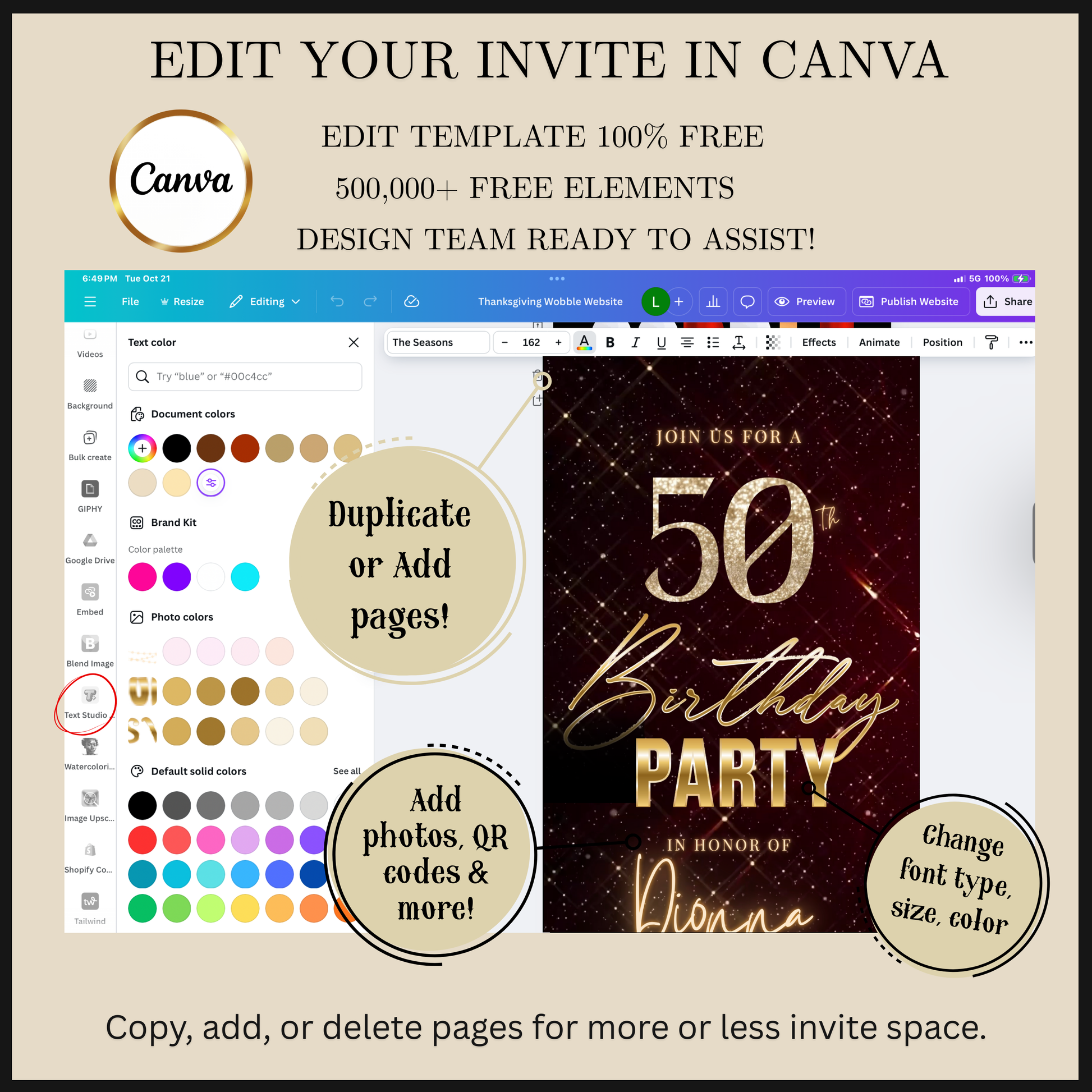 Editable burgundy sparkly 50th birthday video invitation displayed on a mobile phone, featuring an animated vertical digital invite with music, created in Canva. This premium video invitation template is designed for sharing by text, email, and social media and works with an interactive RSVP website for easy guest response tracking.