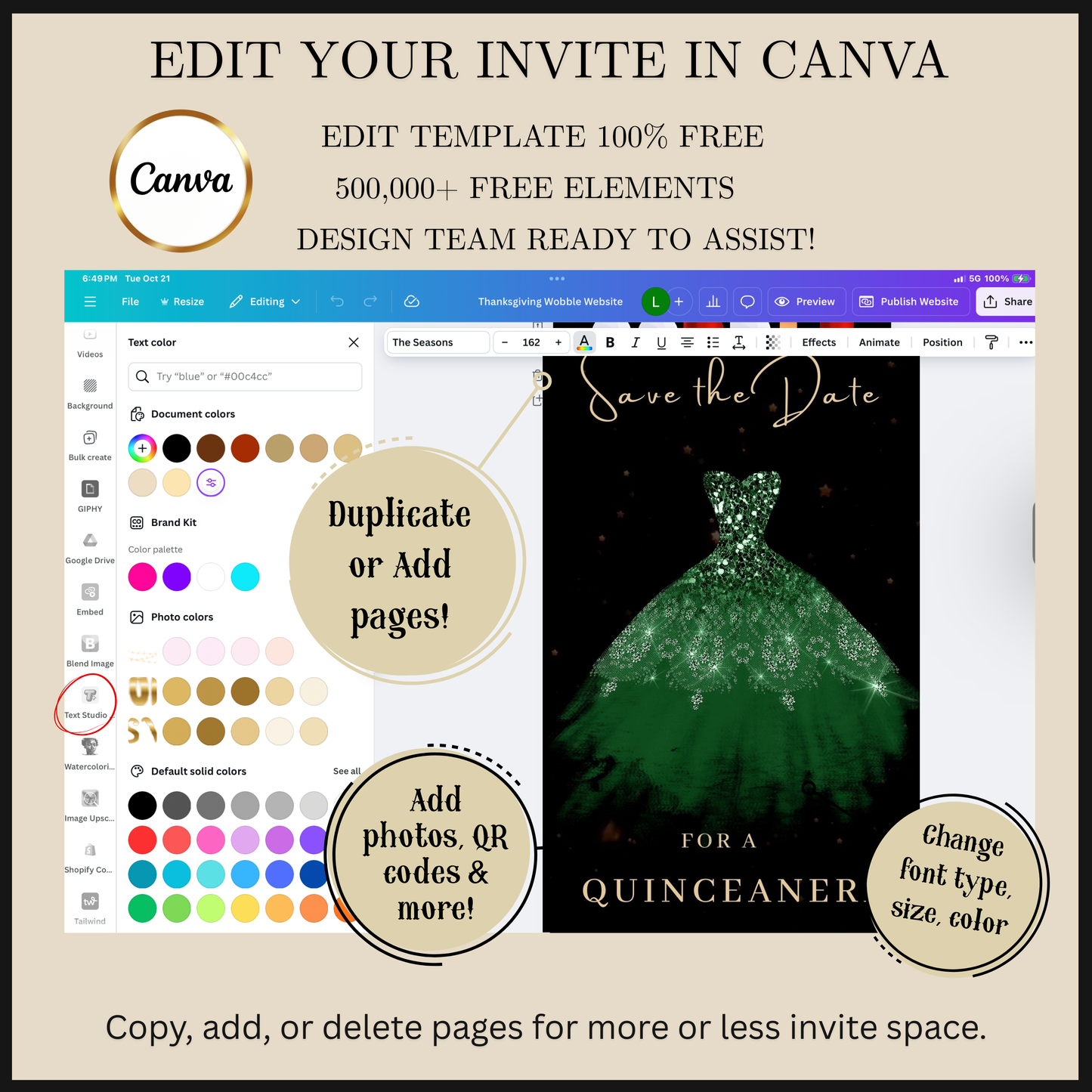 Editable emerald green quinceañera video invitation displayed on a mobile phone, featuring an animated vertical digital invite with music, created in Canva. This premium video invitation template is designed for sharing by text, email, and social media and works with an interactive RSVP website for easy guest response tracking.