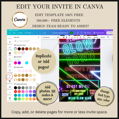 Editable neon glow birthday party video invitation displayed on a mobile phone, featuring an animated vertical digital invite with music, created in Canva. This premium video invitation template is designed for sharing by text, email, and social media and works with an interactive RSVP website for easy guest response tracking.