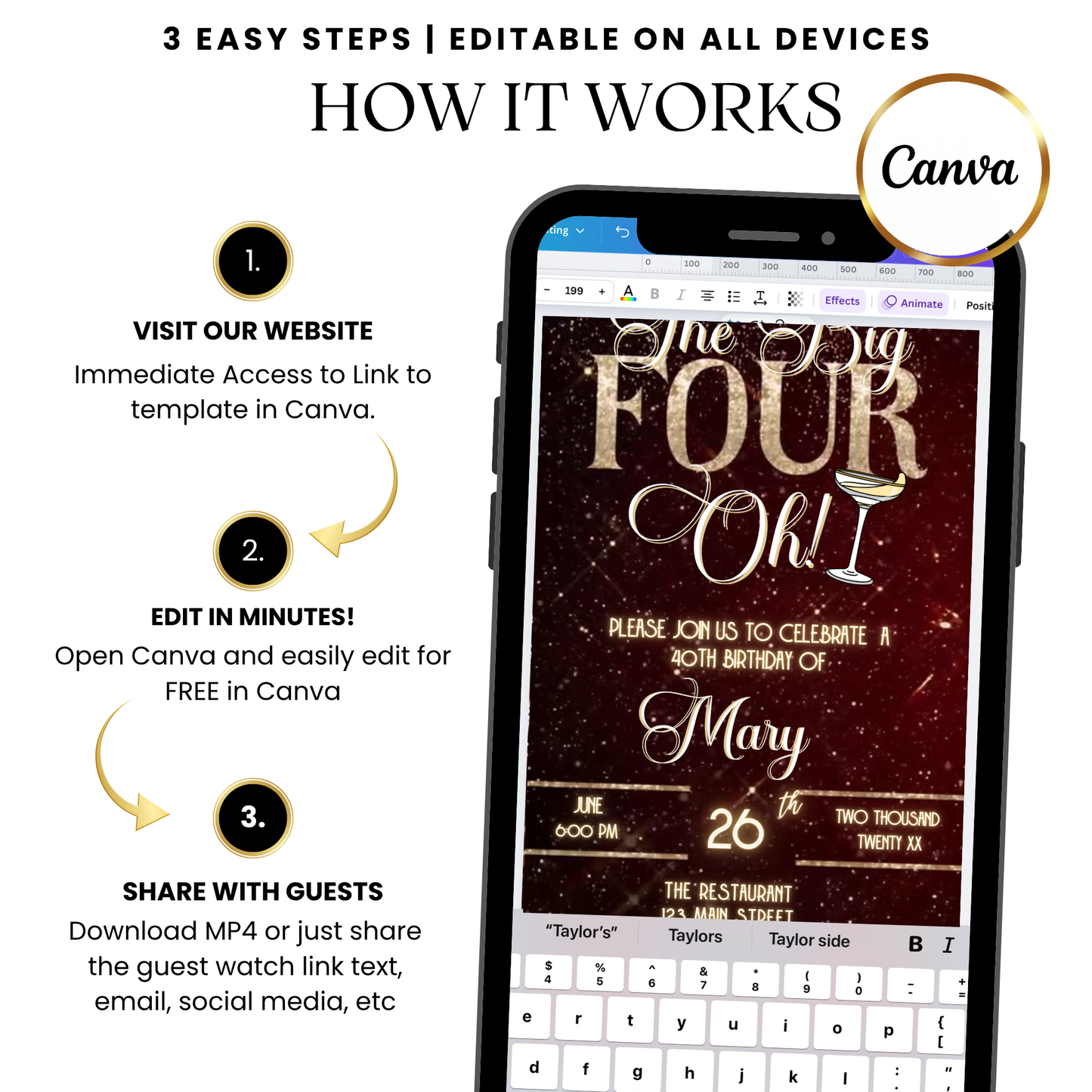 Elegant The Big Four-Oh 40th Birthday Video Invitation — Gold Glam Celebration with Music