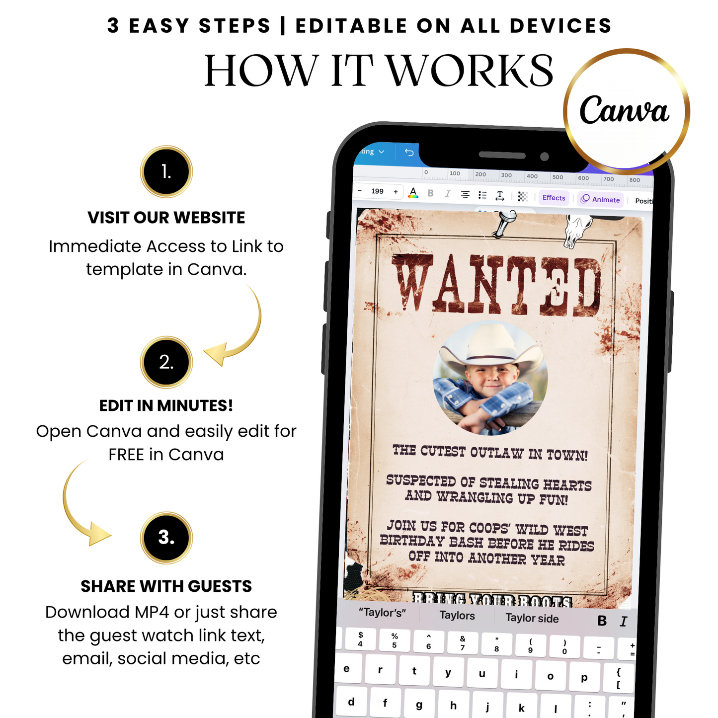 Desktop editor customizing details on cowboy party template