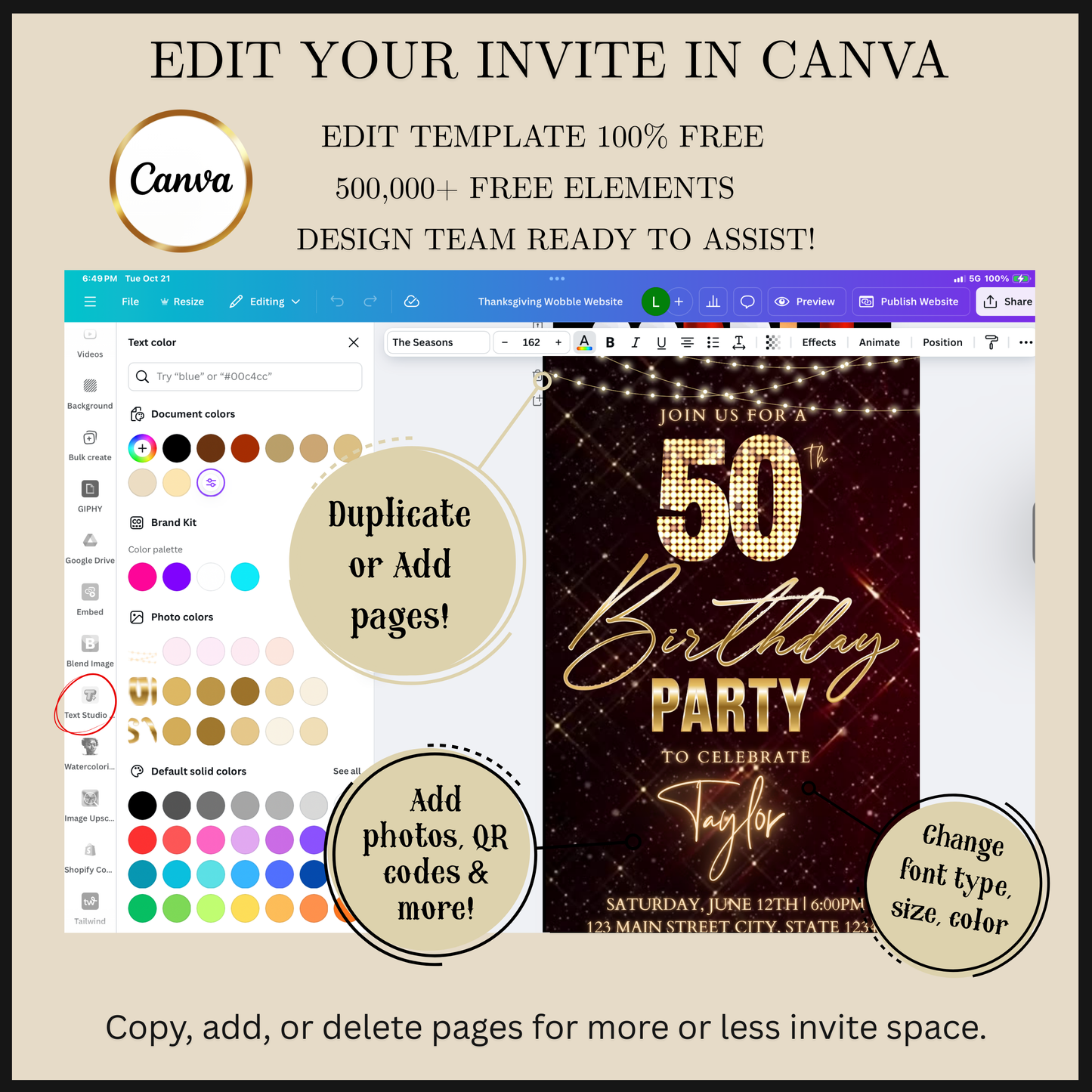 Editable hollywood red carpet 50th birthday video invitation displayed on a mobile phone, featuring an animated vertical digital invite with music, created in Canva. This premium video invitation template is designed for sharing by text, email, and social media and works with an interactive RSVP website for easy guest response tracking.