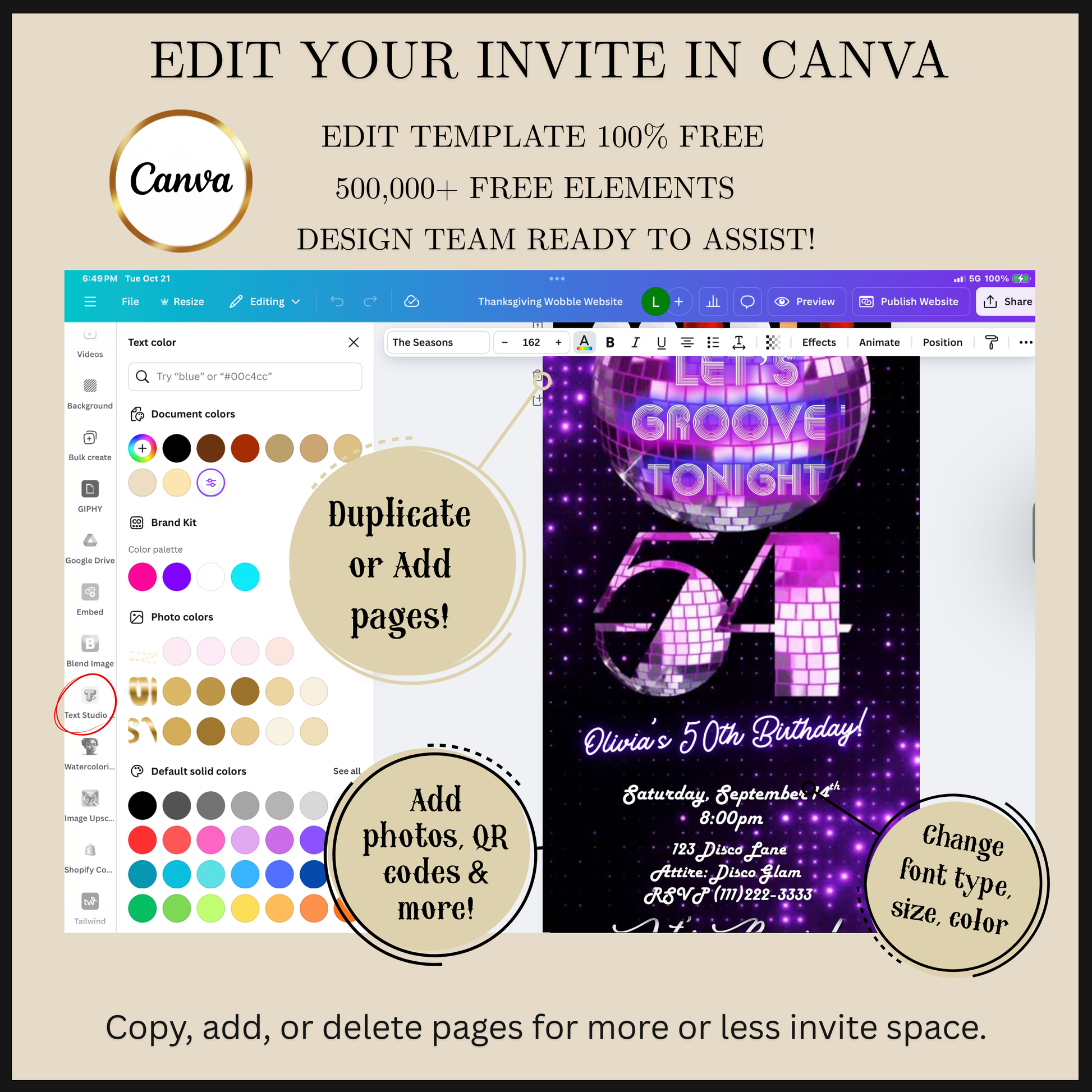 Editable purple disco studio 54 birthday video invitation displayed on a mobile phone, featuring an animated vertical digital invite with music, created in Canva. This premium video invitation template is designed for sharing by text, email, and social media and works with an interactive RSVP website for easy guest response tracking.