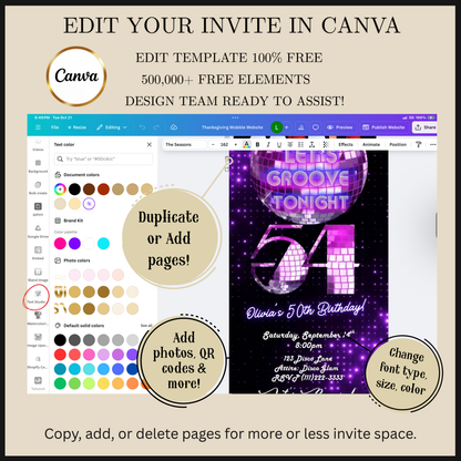 Editable purple disco studio 54 birthday video invitation displayed on a mobile phone, featuring an animated vertical digital invite with music, created in Canva. This premium video invitation template is designed for sharing by text, email, and social media and works with an interactive RSVP website for easy guest response tracking.
