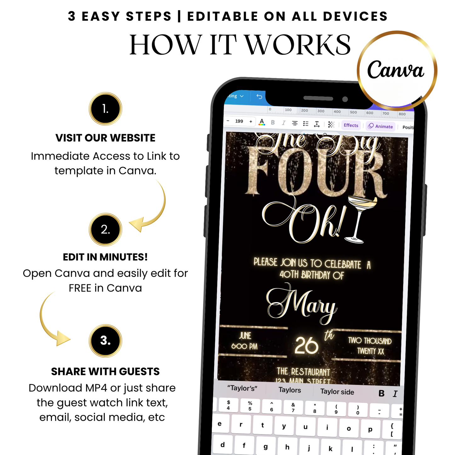 Elegant Gold The Big Four-Oh 40th Birthday Video Invitation Template with Music