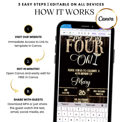 Elegant Gold The Big Four-Oh 40th Birthday Video Invitation Template with Music