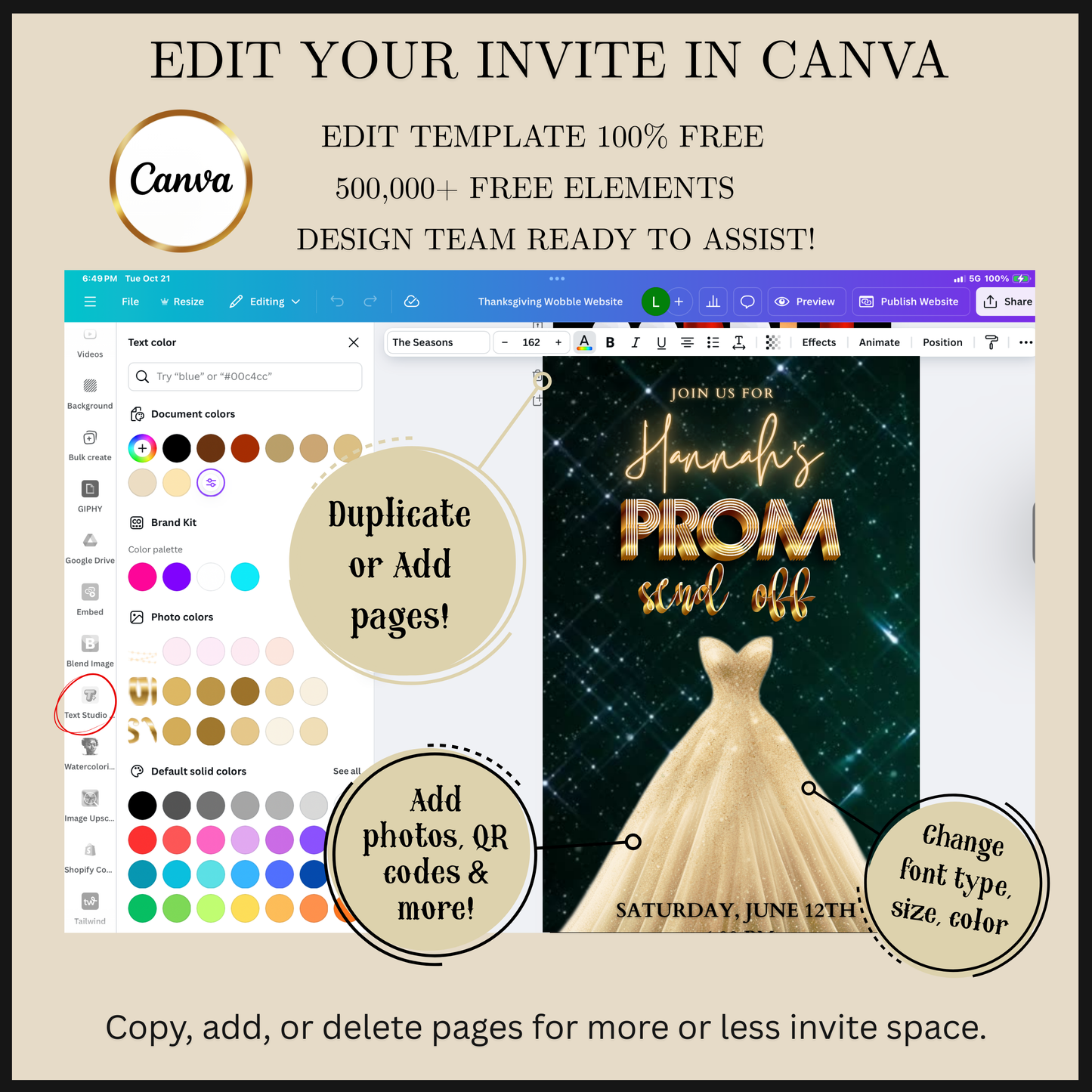 Editable emerald green gold prom send off video invitation displayed on a mobile phone, featuring an animated vertical digital invite with music, created in Canva. This premium video invitation template is designed for sharing by text, email, and social media and works with an interactive RSVP website for easy guest response tracking.