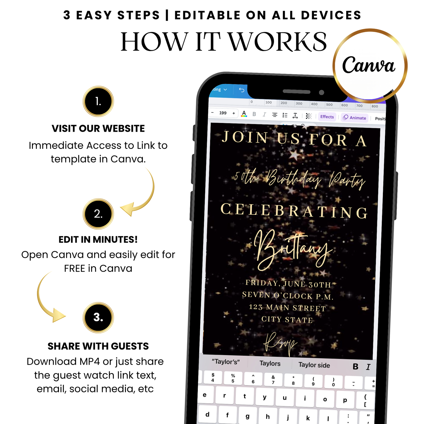 Black Gold Starry Glam Video Invitation with Music