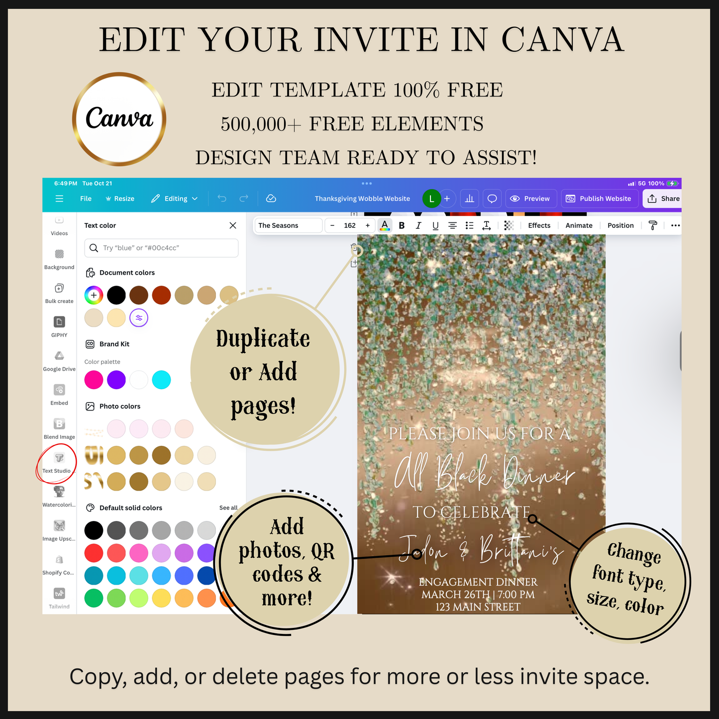 Editable sage green and gold watercolor glitter engagement dinner video invitation displayed on a mobile phone, featuring an animated vertical digital invite with music, created in Canva. This premium video invitation template is designed for sharing by text, email, and social media and works with an interactive RSVP website for easy guest response tracking.