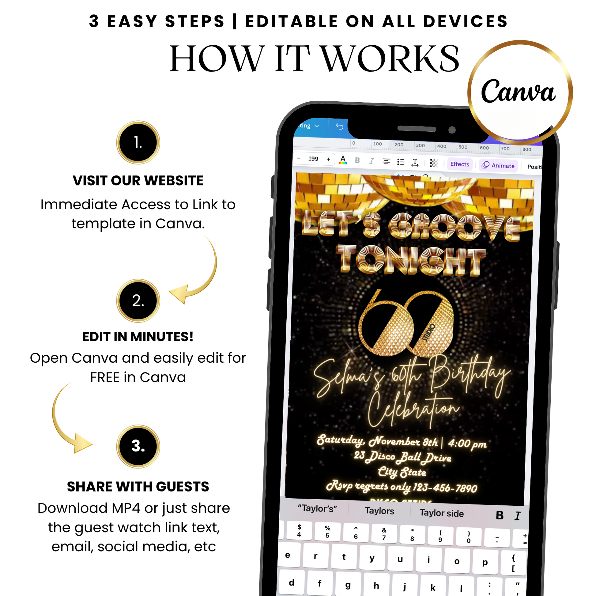 Gold disco ball milestone video invitation template