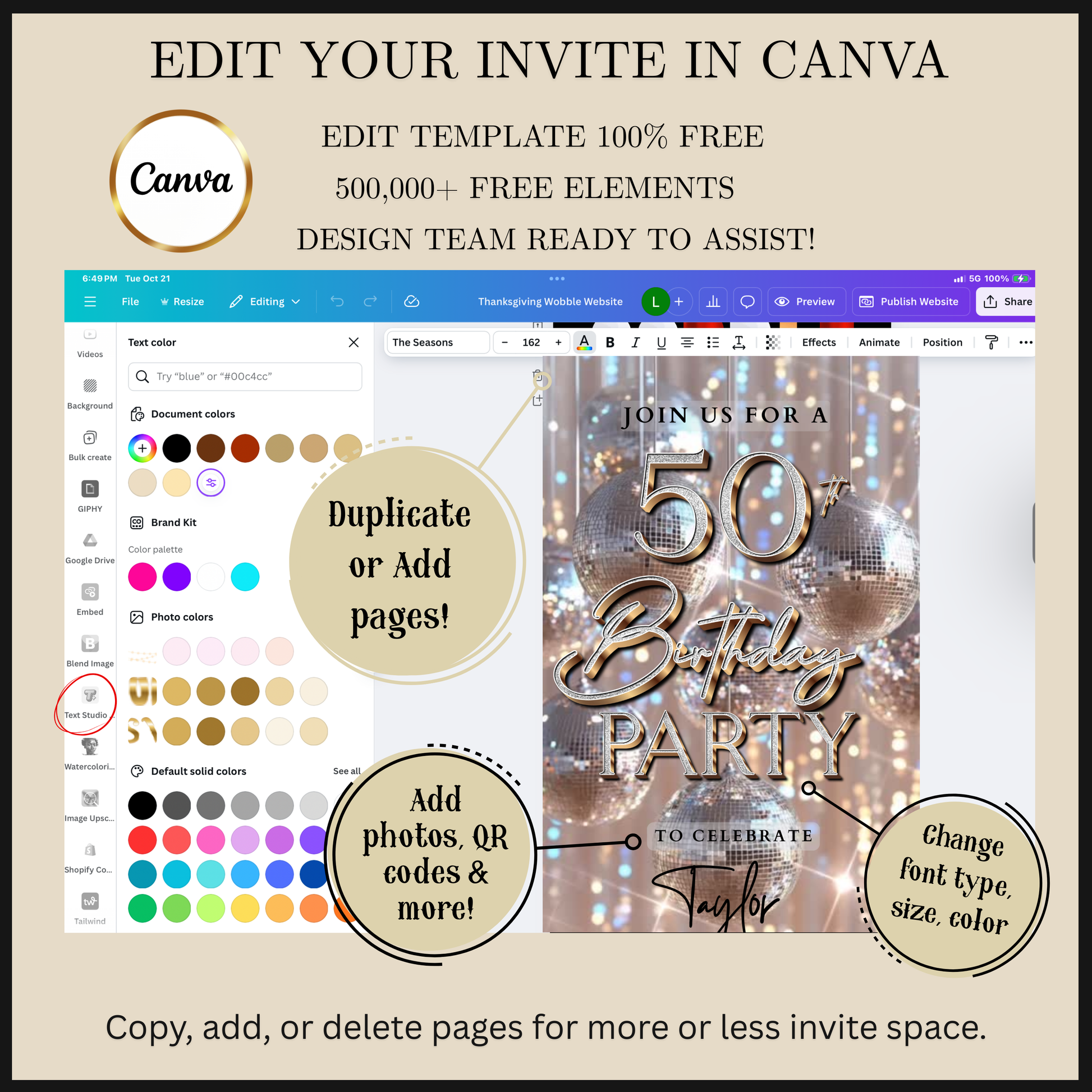 Editable silver disco ball 50th birthday video invitation displayed on a mobile phone, featuring an animated vertical digital invite with music, created in Canva. This premium video invitation template is designed for sharing by text, email, and social media and works with an interactive RSVP website for easy guest response tracking.