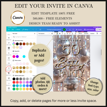 Editable silver disco ball 50th birthday video invitation displayed on a mobile phone, featuring an animated vertical digital invite with music, created in Canva. This premium video invitation template is designed for sharing by text, email, and social media and works with an interactive RSVP website for easy guest response tracking.