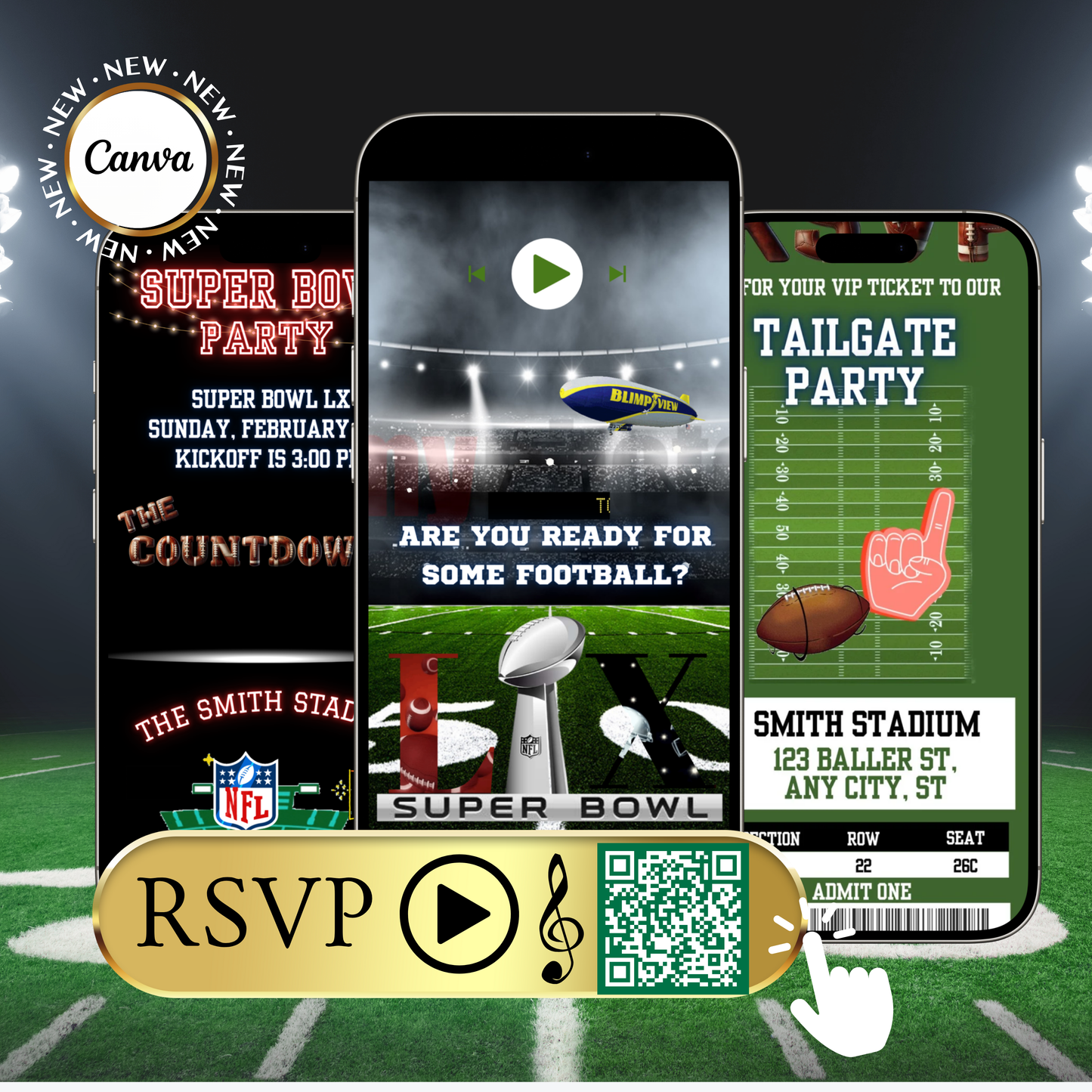 Super Bowl LX Video Invitation and RSVP Website | Game Day Party Invite | Digital Football Invite | Editable Online Template