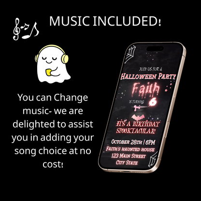 Halloween Video Invitation, Pink Ghost Boo Animated Invite, Editable Halloween Party Mobile Evite