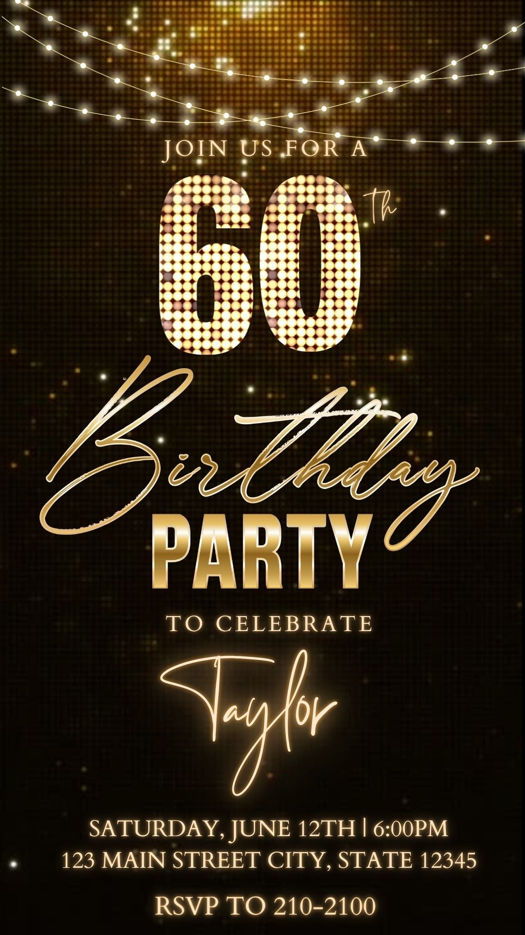 Editable bronze glitter 60th birthday birthday video invitation displayed on a mobile phone, featuring an animated vertical digital invite with music, created in Canva. This premium video invitation template is designed for sharing by text, email, and social media and works with an interactive RSVP website for easy guest response tracking.