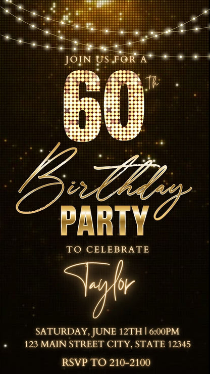 Editable bronze glitter 60th birthday birthday video invitation displayed on a mobile phone, featuring an animated vertical digital invite with music, created in Canva. This premium video invitation template is designed for sharing by text, email, and social media and works with an interactive RSVP website for easy guest response tracking.