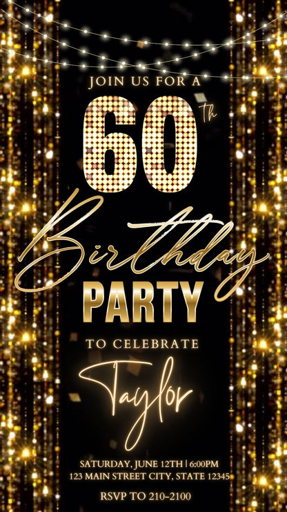 Editable gold glitter curtain 60th birthday birthday video invitation displayed on a mobile phone, featuring an animated vertical digital invite with music, created in Canva. This premium video invitation template is designed for sharing by text, email, and social media and works with an interactive RSVP website for easy guest response tracking.