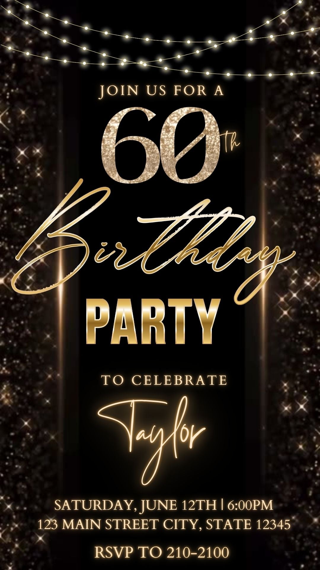 Editable black gold sparkle 60th birthday birthday video invitation displayed on a mobile phone, featuring an animated vertical digital invite with music, created in Canva. This premium video invitation template is designed for sharing by text, email, and social media and works with an interactive RSVP website for easy guest response tracking.