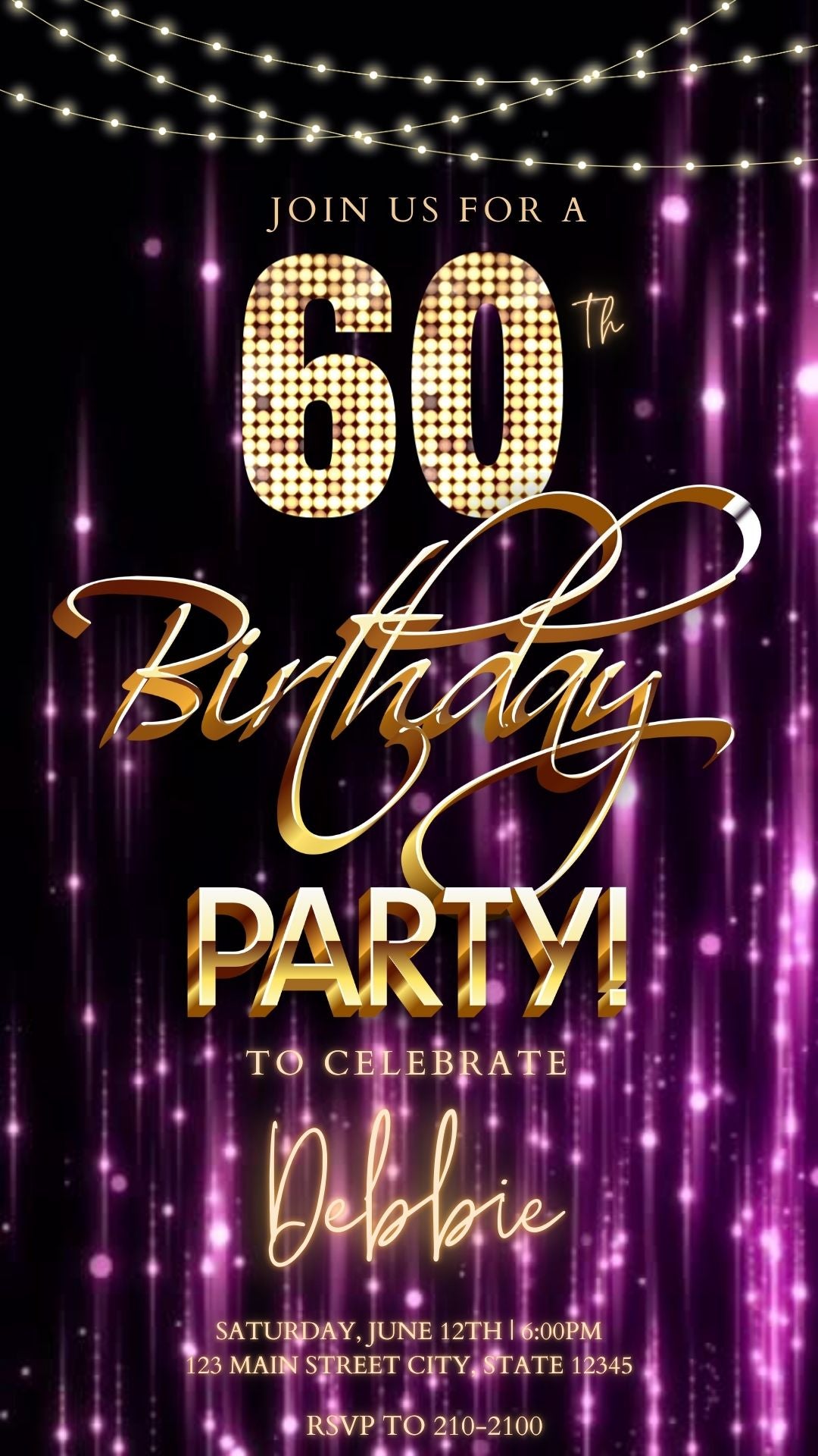 Editable purple gold glam 60th birthday birthday video invitation displayed on a mobile phone, featuring an animated vertical digital invite with music, created in Canva. This premium video invitation template is designed for sharing by text, email, and social media and works with an interactive RSVP website for easy guest response tracking.