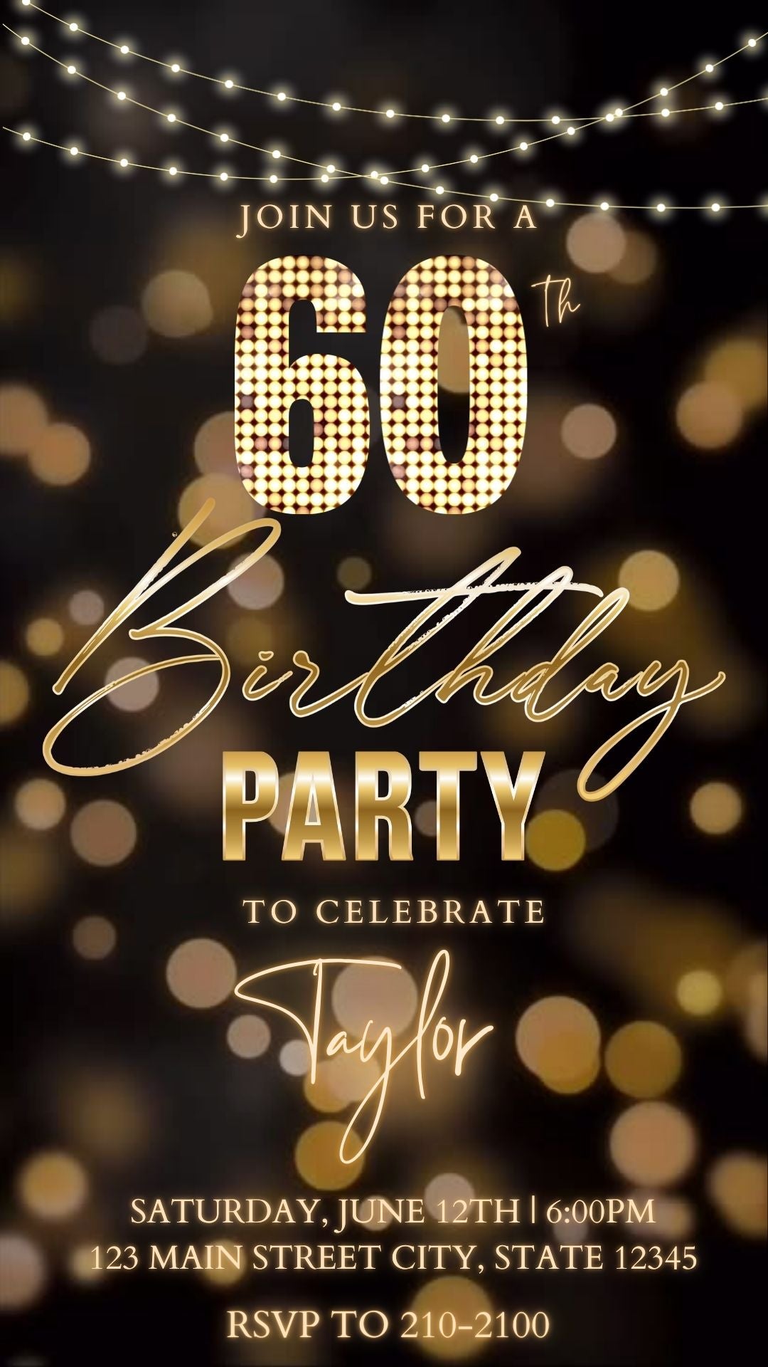 Editable gold bokeh lights 60th birthday birthday video invitation displayed on a mobile phone, featuring an animated vertical digital invite with music, created in Canva. This premium video invitation template is designed for sharing by text, email, and social media and works with an interactive RSVP website for easy guest response tracking.