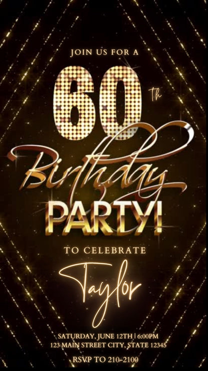 Editable gold glitter 60th birthday birthday video invitation displayed on a mobile phone, featuring an animated vertical digital invite with music, created in Canva. This premium video invitation template is designed for sharing by text, email, and social media and works with an interactive RSVP website for easy guest response tracking.