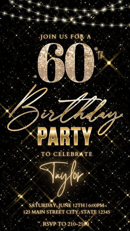 Editable gold sparkle grid 60th birthday birthday video invitation displayed on a mobile phone, featuring an animated vertical digital invite with music, created in Canva. This premium video invitation template is designed for sharing by text, email, and social media and works with an interactive RSVP website for easy guest response tracking.