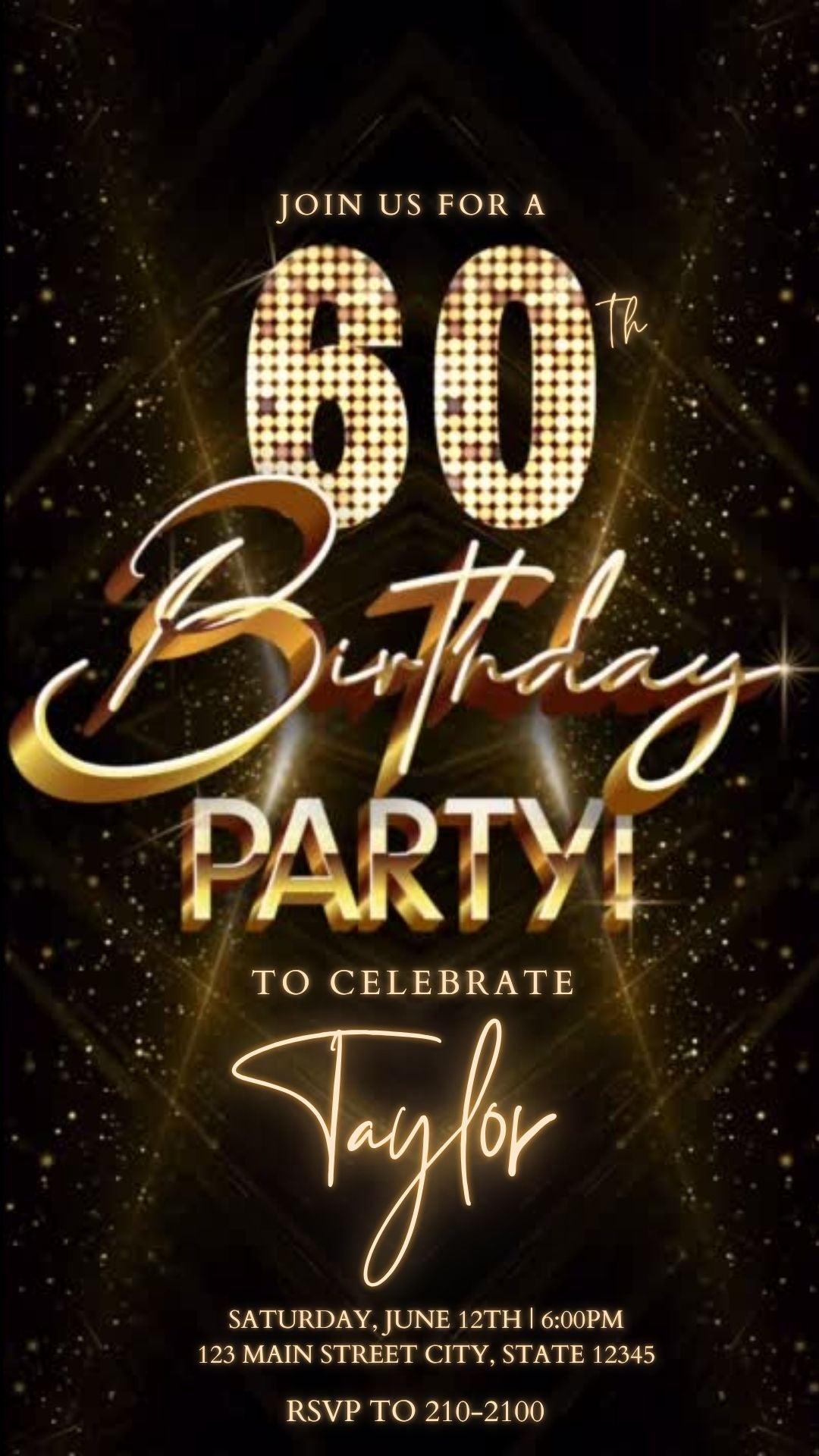 Editable luxury gold spotlight 60th birthday birthday video invitation displayed on a mobile phone, featuring an animated vertical digital invite with music, created in Canva. This premium video invitation template is designed for sharing by text, email, and social media and works with an interactive RSVP website for easy guest response tracking.