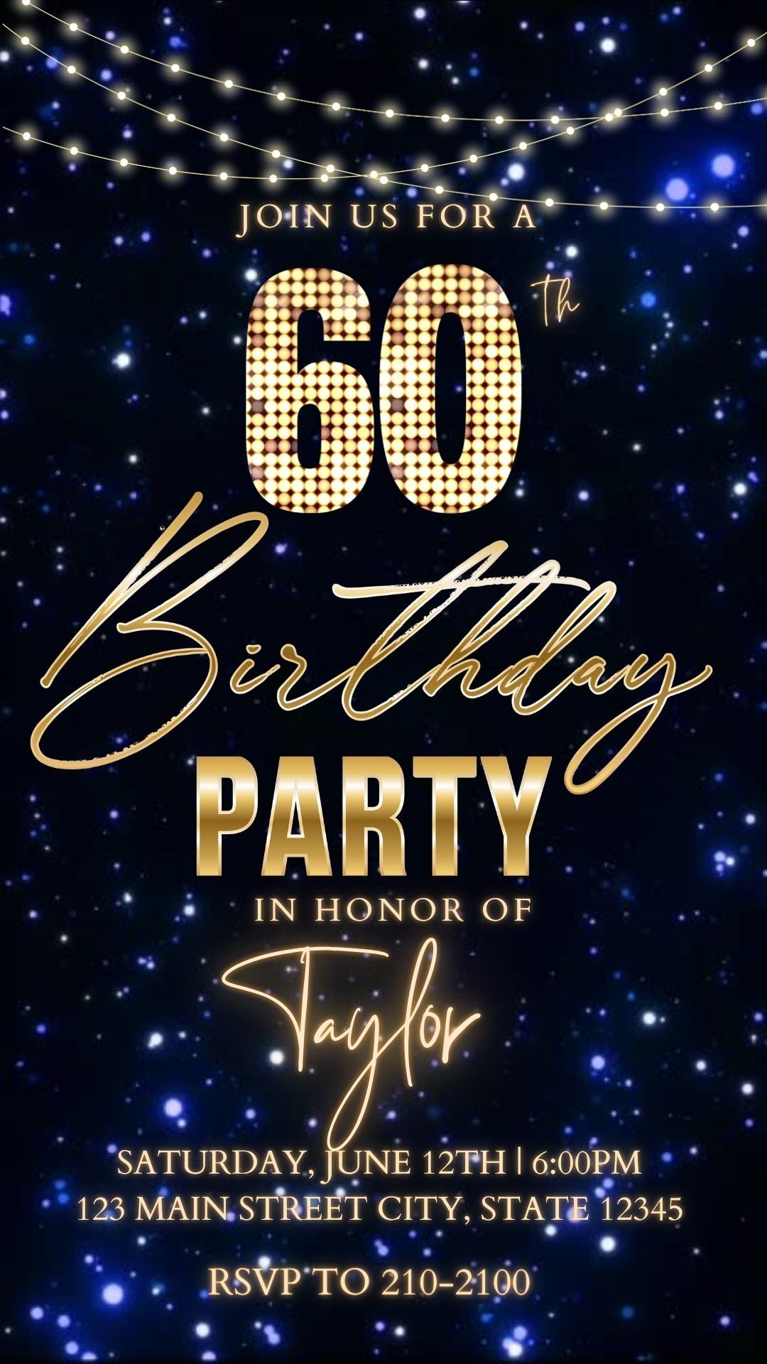 Editable navy gold starry 60th birthday birthday video invitation displayed on a mobile phone, featuring an animated vertical digital invite with music, created in Canva. This premium video invitation template is designed for sharing by text, email, and social media and works with an interactive RSVP website for easy guest response tracking.