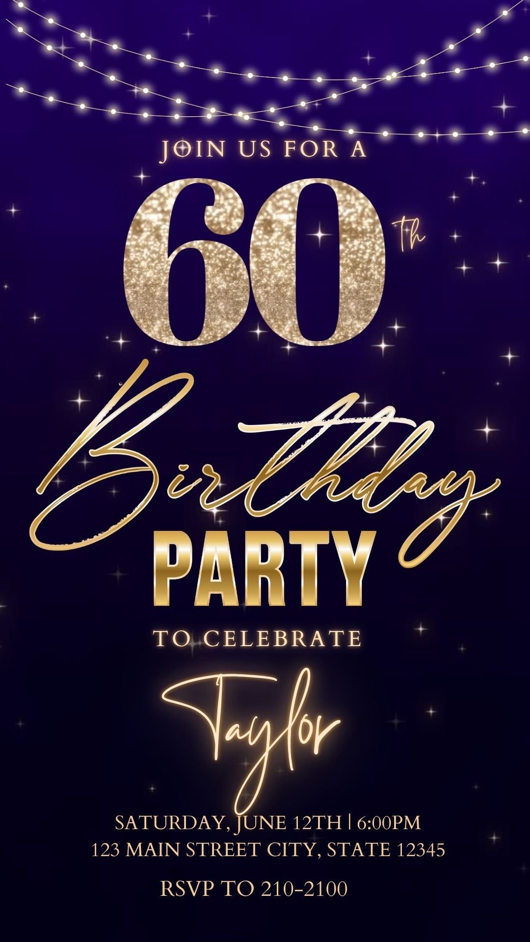 Editable purple gold starry 60th birthday birthday video invitation displayed on a mobile phone, featuring an animated vertical digital invite with music, created in Canva. This premium video invitation template is designed for sharing by text, email, and social media and works with an interactive RSVP website for easy guest response tracking.