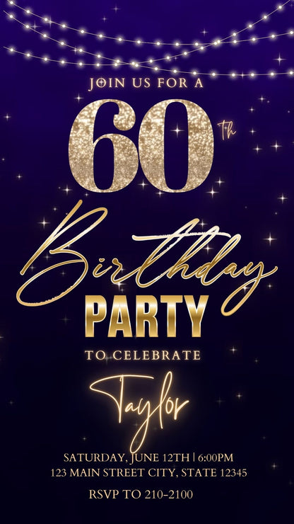 Editable purple gold starry 60th birthday birthday video invitation displayed on a mobile phone, featuring an animated vertical digital invite with music, created in Canva. This premium video invitation template is designed for sharing by text, email, and social media and works with an interactive RSVP website for easy guest response tracking.