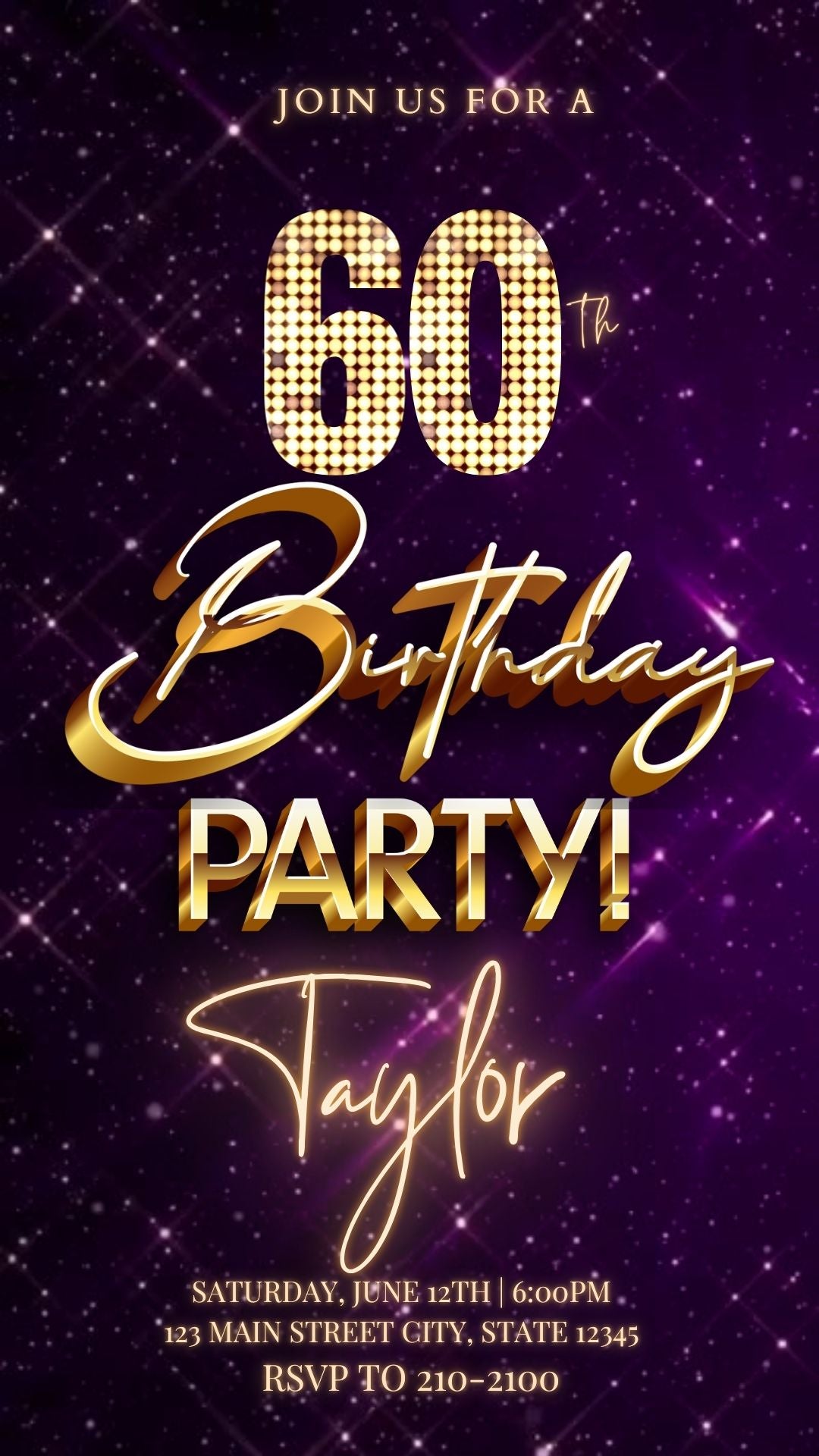 Editable purple gold elegant 60th birthday birthday video invitation displayed on a mobile phone, featuring an animated vertical digital invite with music, created in Canva. This premium video invitation template is designed for sharing by text, email, and social media and works with an interactive RSVP website for easy guest response tracking.