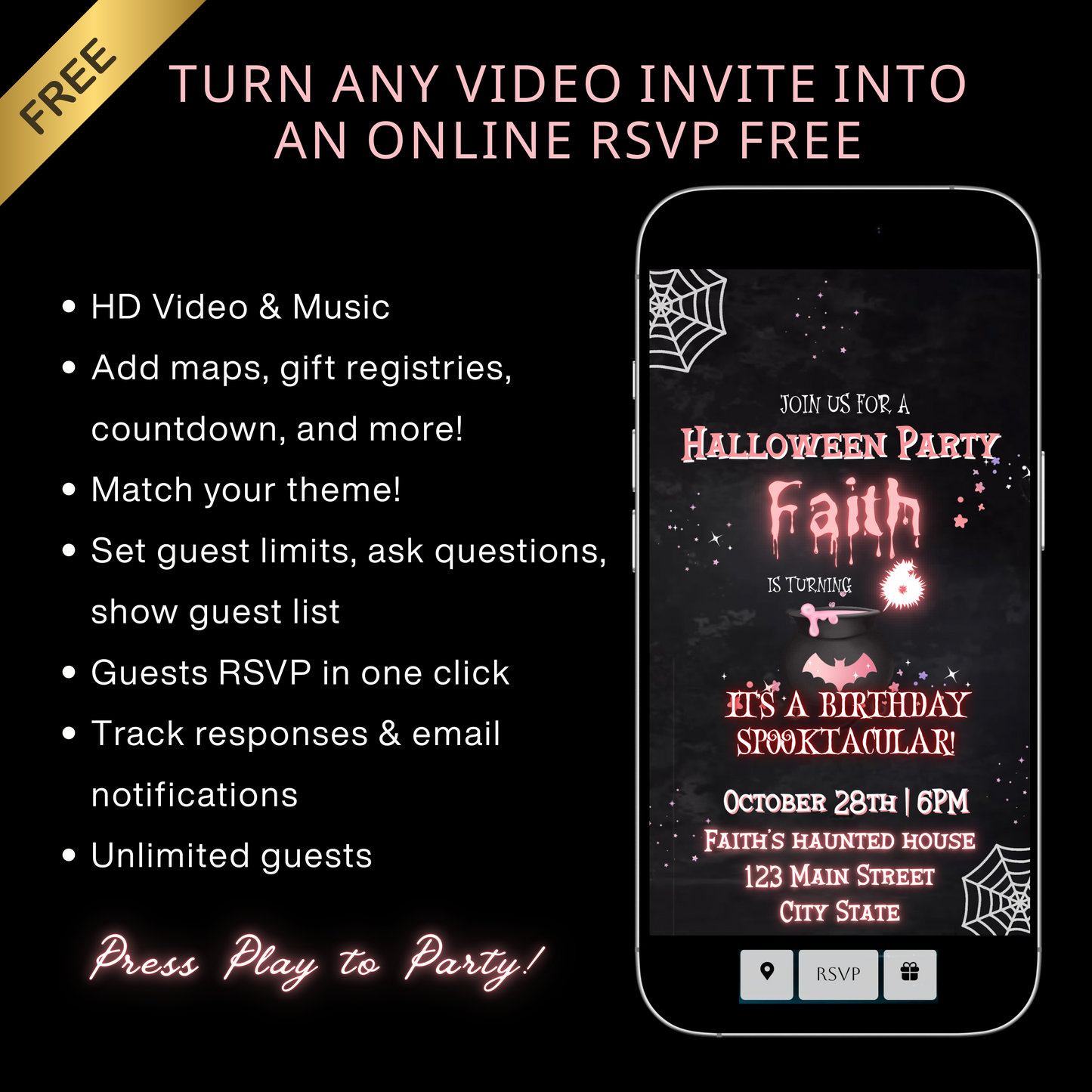 Halloween Video Invitation, Pink Ghost Boo Animated Invite, Editable Halloween Party Mobile Evite