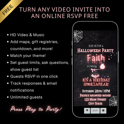 Halloween Video Invitation, Pink Ghost Boo Animated Invite, Editable Halloween Party Mobile Evite