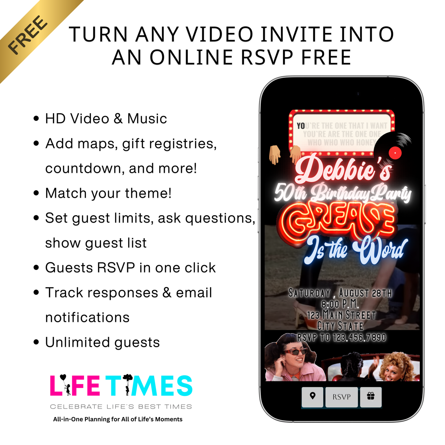 Grease Video Invitation | Digital Rockabilly 1950s Invitation | Editable Canva Evite Template