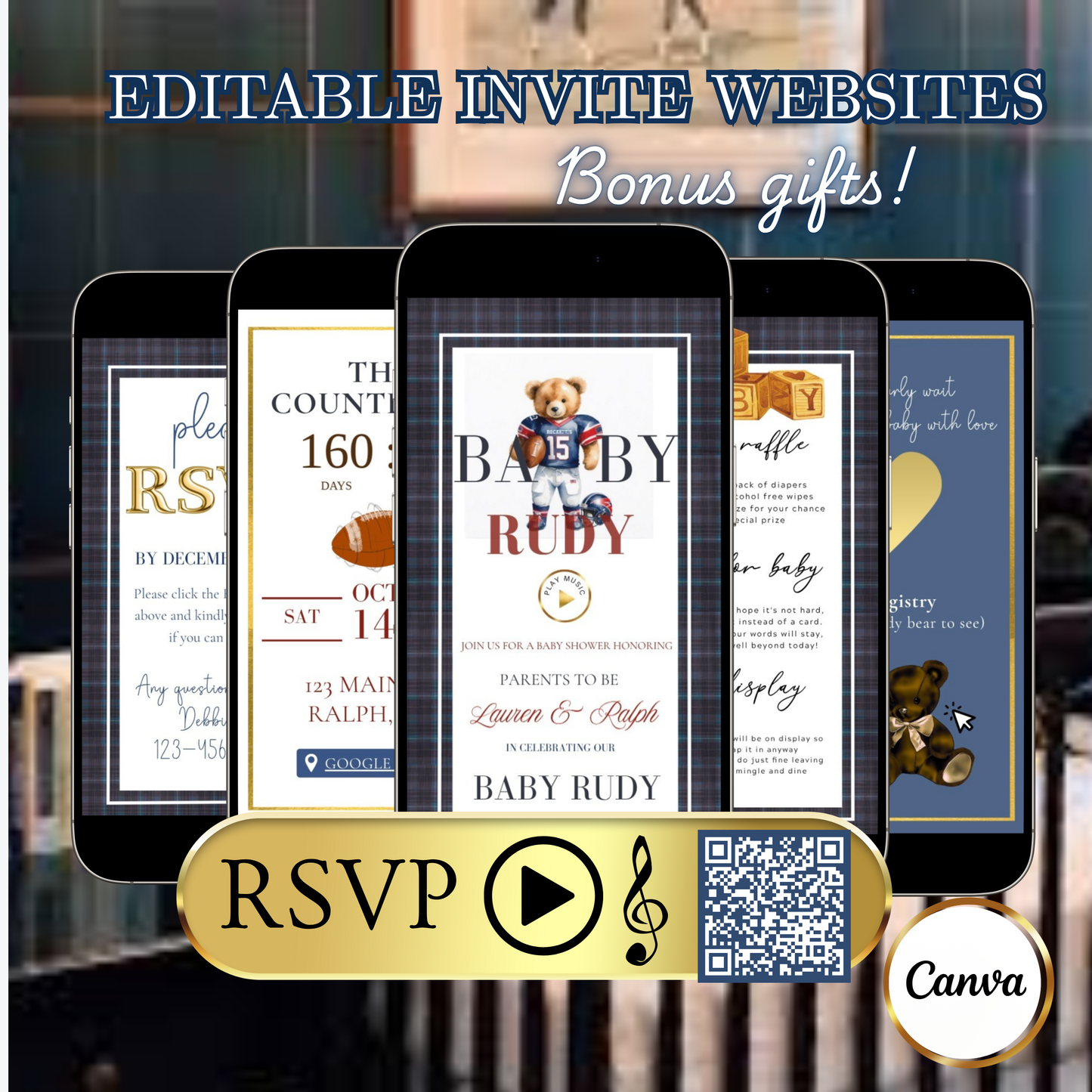 Football Polo Bear Baby Shower Invitation Website | Animated Baby Shower Invite with Rsvp tracking
