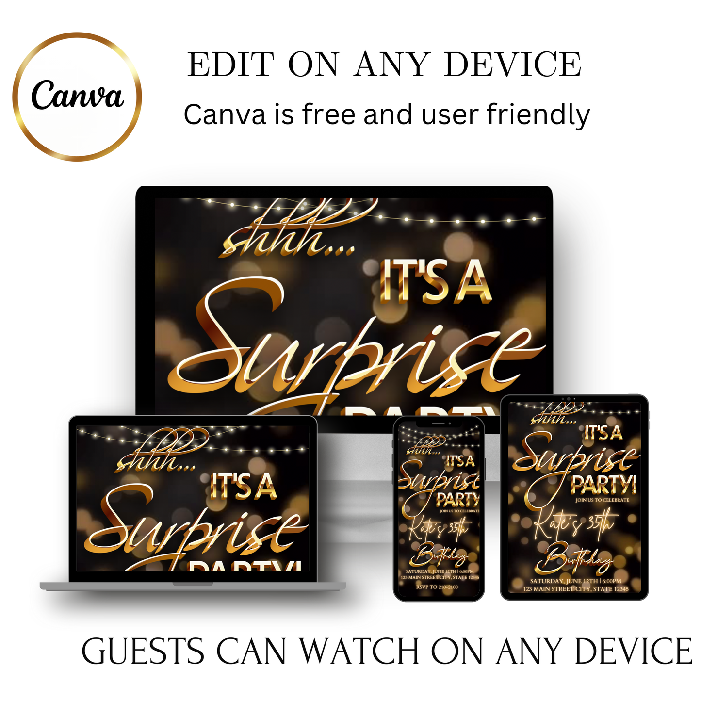 Surprise Birthday Video Invitation | Animated Gold Bokeh Digital Evite | Editable Canva Invite Template