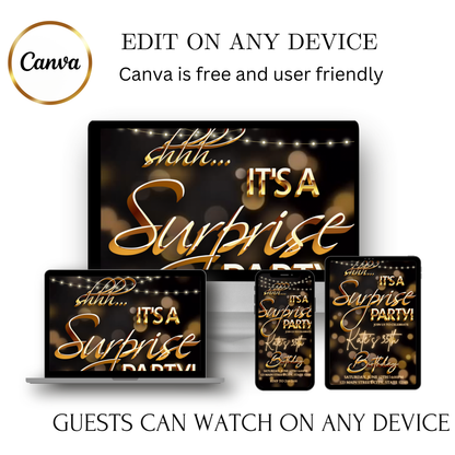 Surprise Birthday Video Invitation | Animated Gold Bokeh Digital Evite | Editable Canva Invite Template
