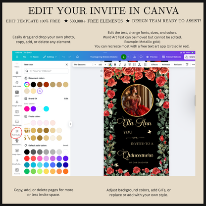 Videoeinladung zur Quinceañera mit roten Rosen | Digitale Einladung zum 15. Geburtstag | Bearbeitbare Canva-Vorlage
