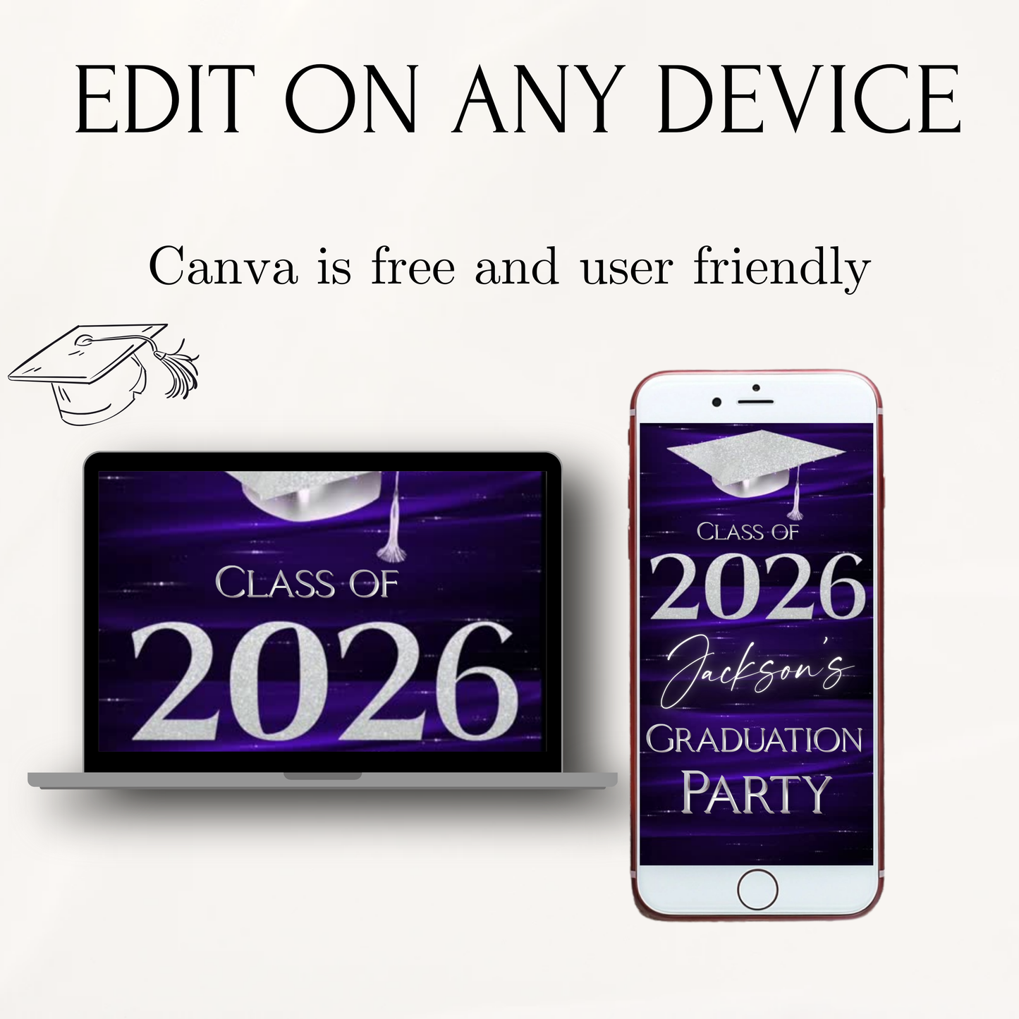 Graduation Party Video Invitation | Class of 2026 Purple and Silver Invite for Him | Editable Online RSVP Evite Canva Template