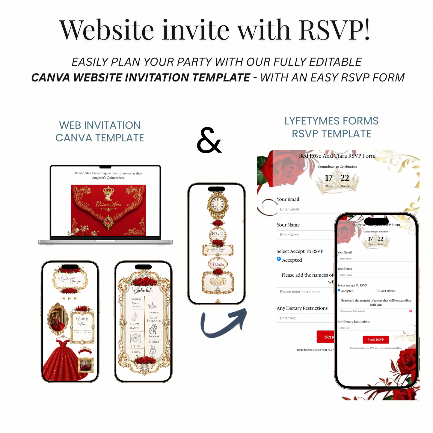 Red and Gold Quinceanera Website Invitation with RSVP tracking