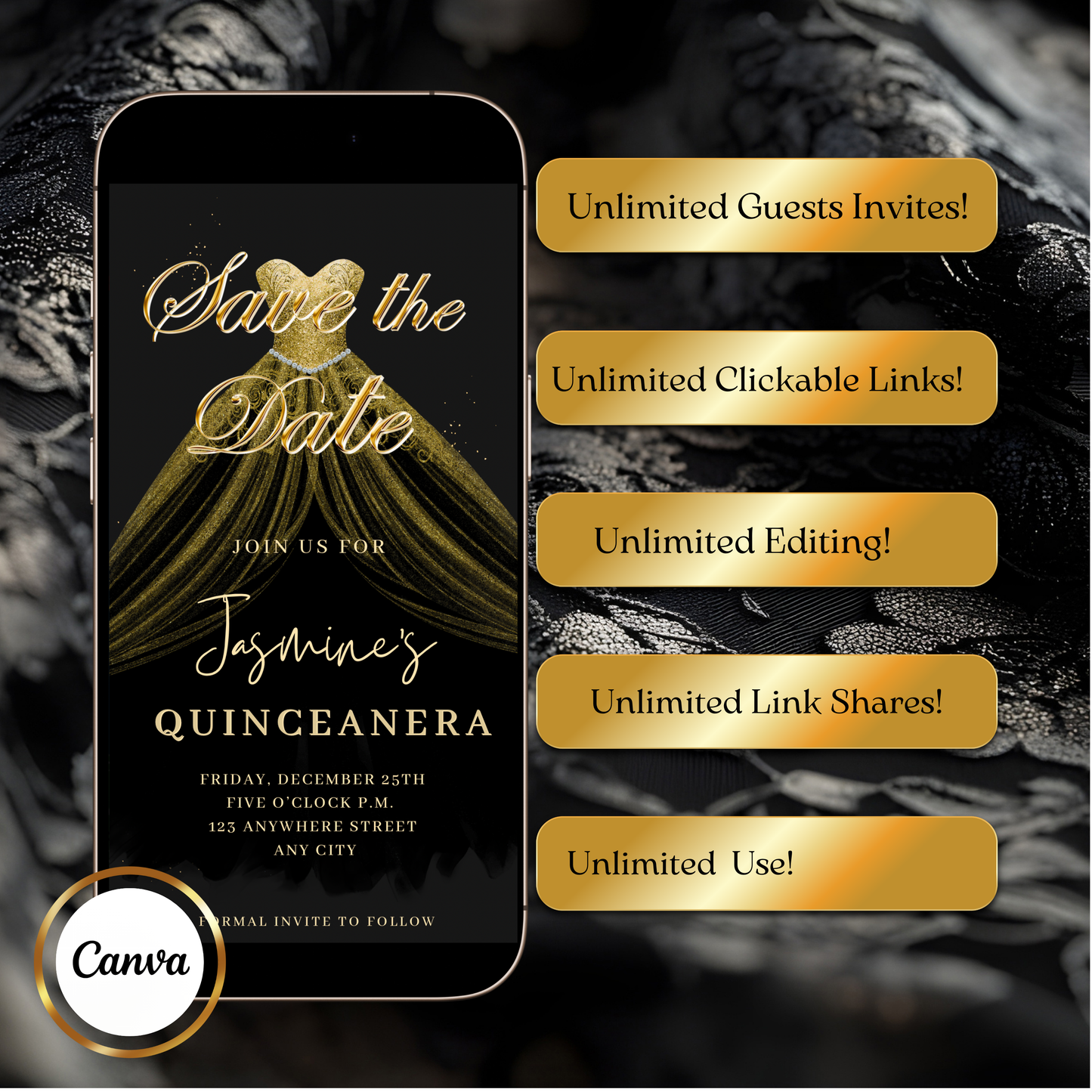 Gold Quinceañera Video Invite | Sweet 15 16 Quince RSVP Tracker | Editable Canva Evite Template