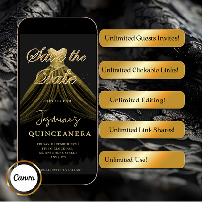 Gold Quinceañera Video Invite | Sweet 15 16 Quince RSVP Tracker | Editable Canva Evite Template