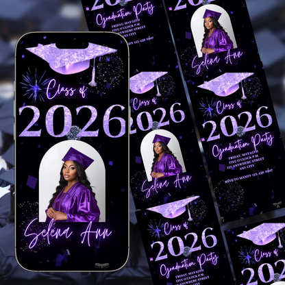 Graduation Party Video Invitation | Purple and Black Graduation Invite for Her | Editable Online RSVP Evite Canva Template