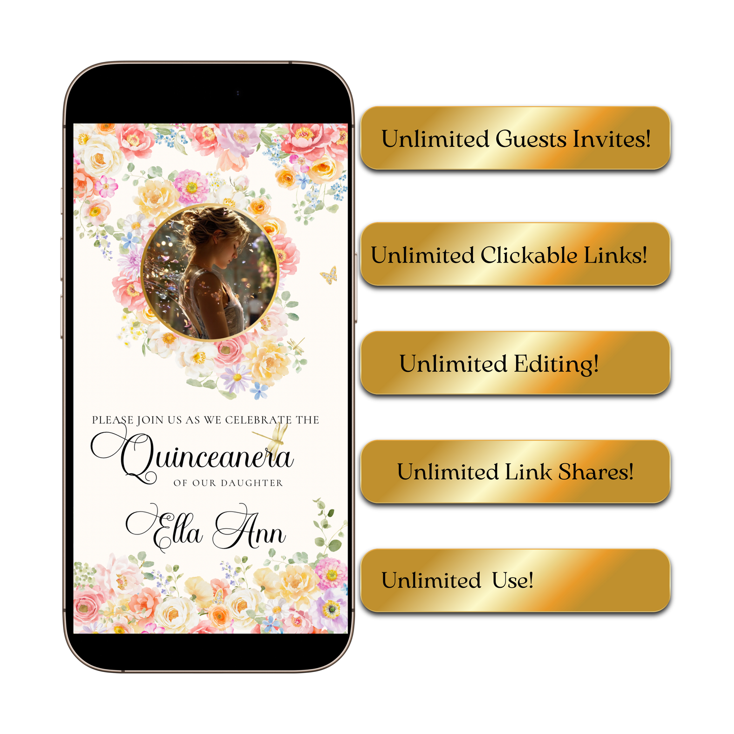 Pink Quinceanera Video Invite | Spring Sweet 15 Quince Invite | Editable Canva Evite Template