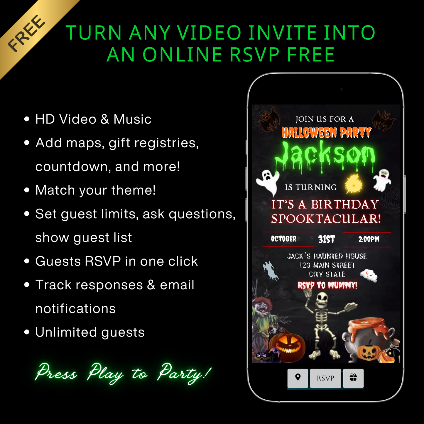 Halloween Video Invitation, Kids Halloween Animated Invite, Editable Halloween Party Mobile Evite