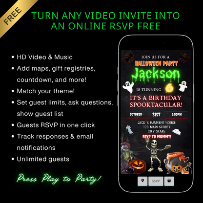 Halloween Video Invitation, Kids Halloween Animated Invite, Editable Halloween Party Mobile Evite