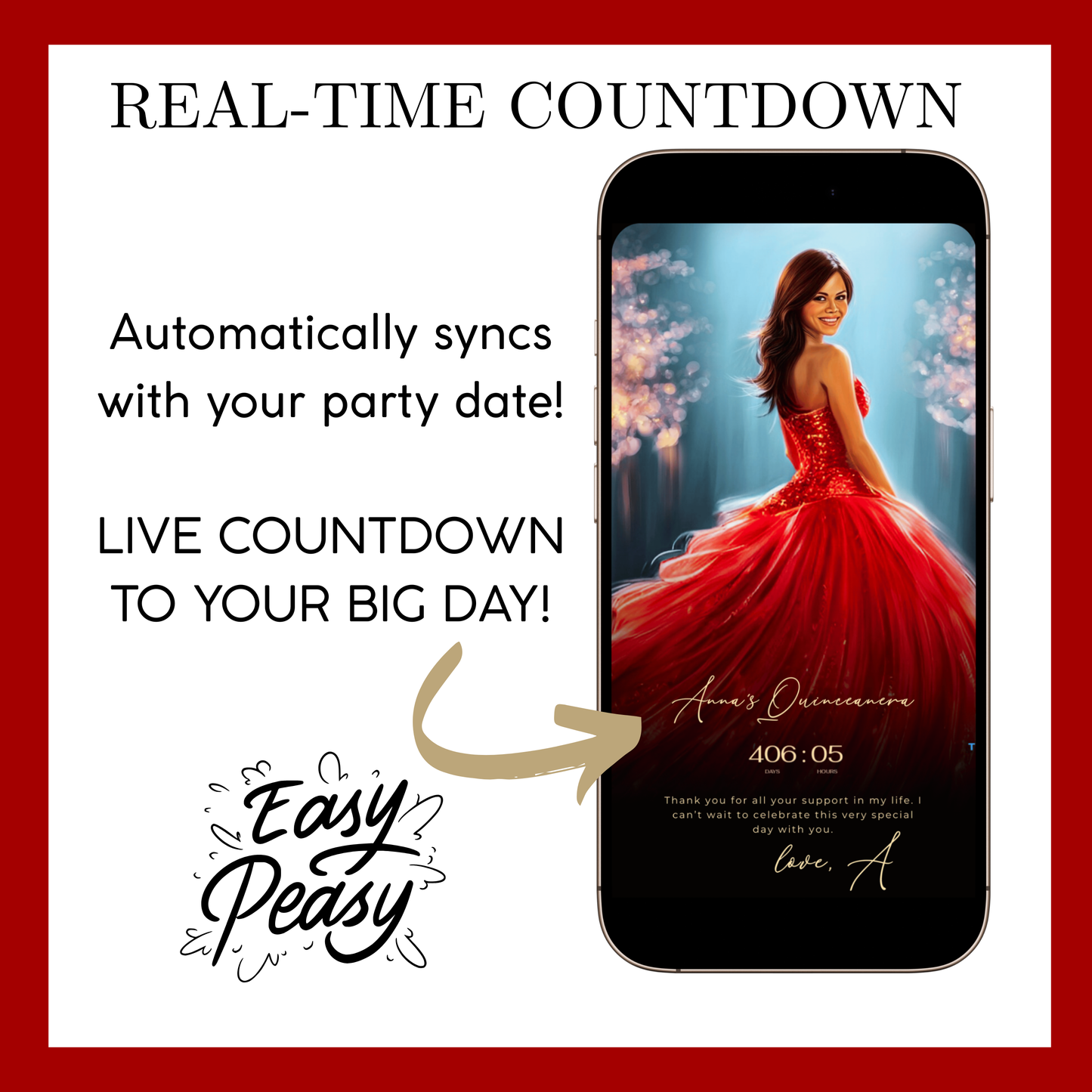 Red Quinceanera mini-Website RSVP tracker| Animated Sweet 15 16 Video Invitation | Canva Template